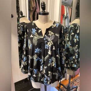 Chaus, 3/4 Sleeve Floral Popover Top, Adjustable Tie Waist, Size Large